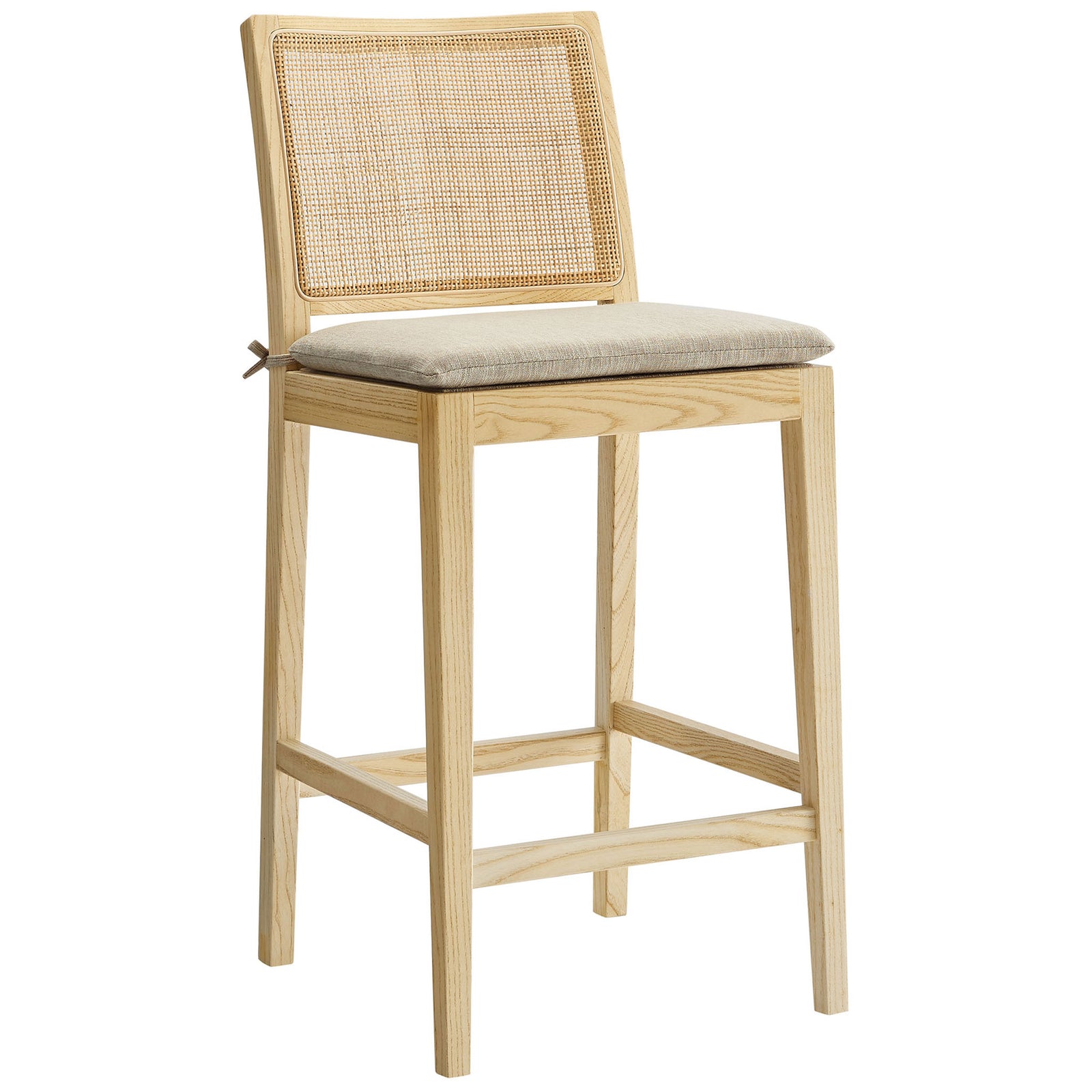 Armless counter stool in natural elm with cane back and supportive footrest for relaxed seating. || EEI-7290-NAT-BEI || front_angle_studio