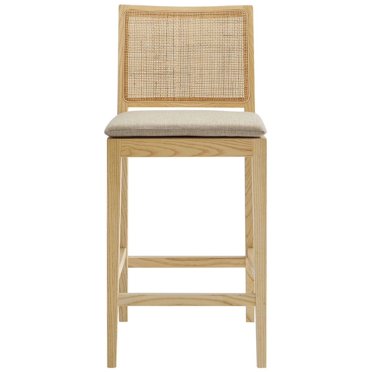 Natural wood counter stool with woven rattan back and a tied beige cushion for everyday comfort. || EEI-7290-NAT-BEI || front_studio