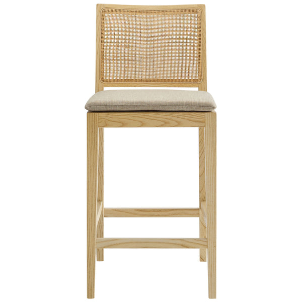 Natural wood counter stool with woven rattan back and a tied beige cushion for everyday comfort. || EEI-7290-NAT-BEI || front_studio