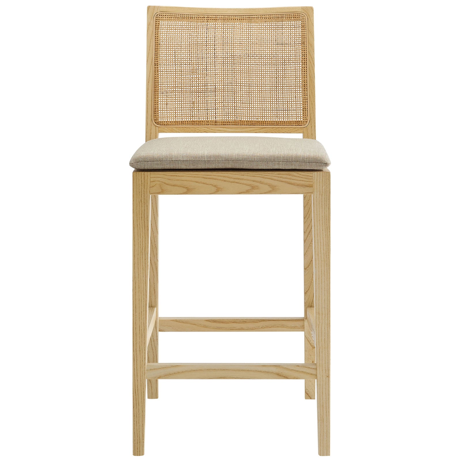 Natural wood counter stool with woven rattan back and a tied beige cushion for everyday comfort. || EEI-7290-NAT-BEI || front_studio