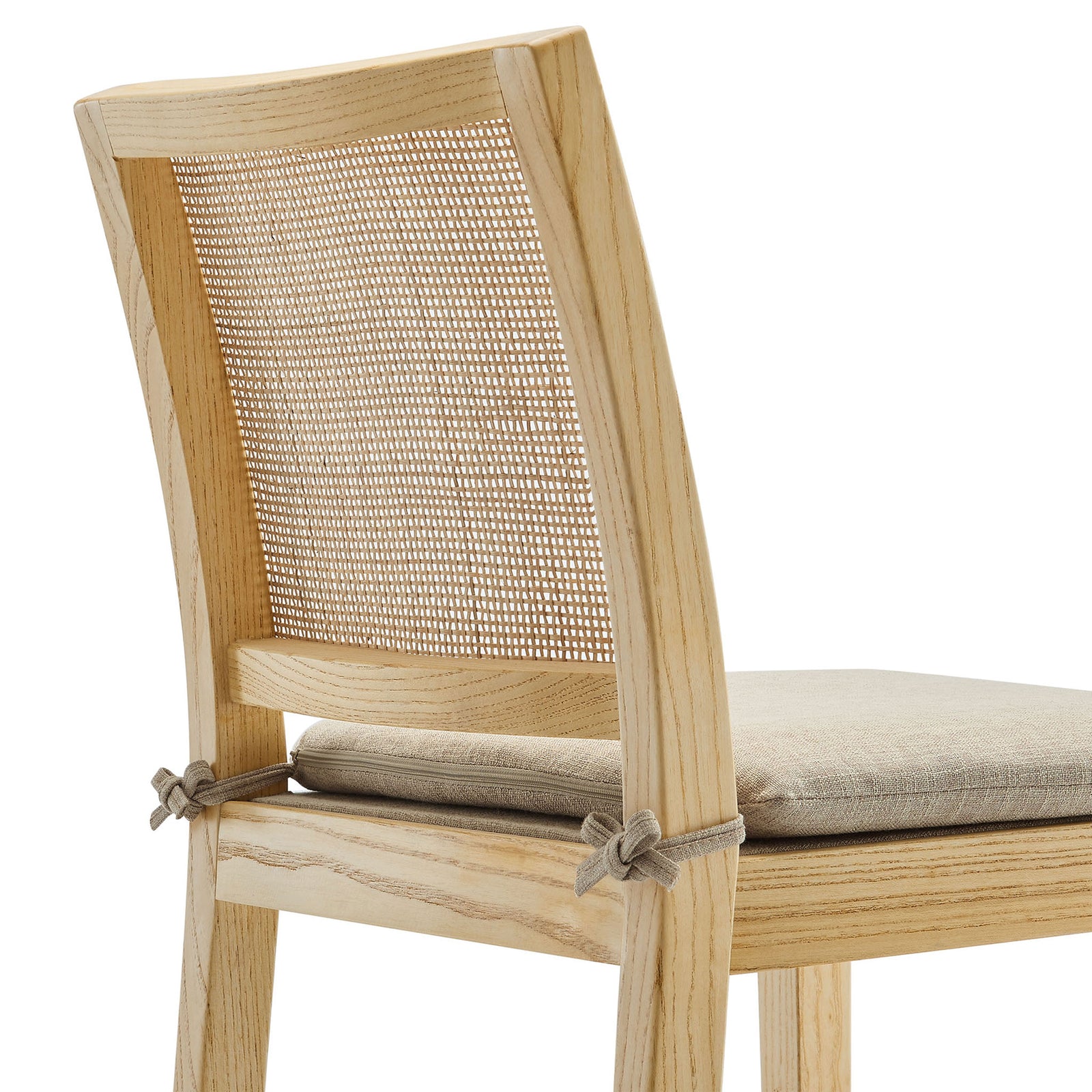 Woven rattan back and fabric cushion ties in a warm natural finish. || EEI-7290-NAT-BEI || detail_studio