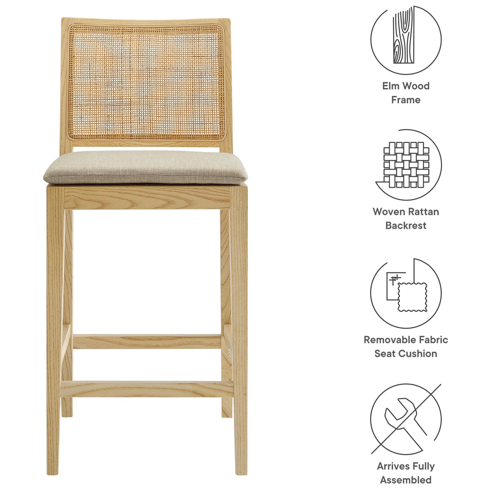 Elm wood frame, woven rattan back, and removable fabric cushion deliver breezy, modern farmhouse style. || EEI-7290-NAT-BEI || callout_studio