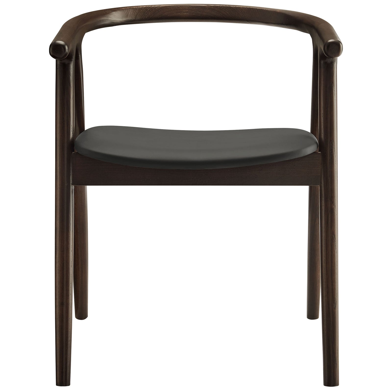 Henry dining chair with barrel arms, black vegan leather cushion, and warm elm wood frame || EEI-7291-BLK || front_studio