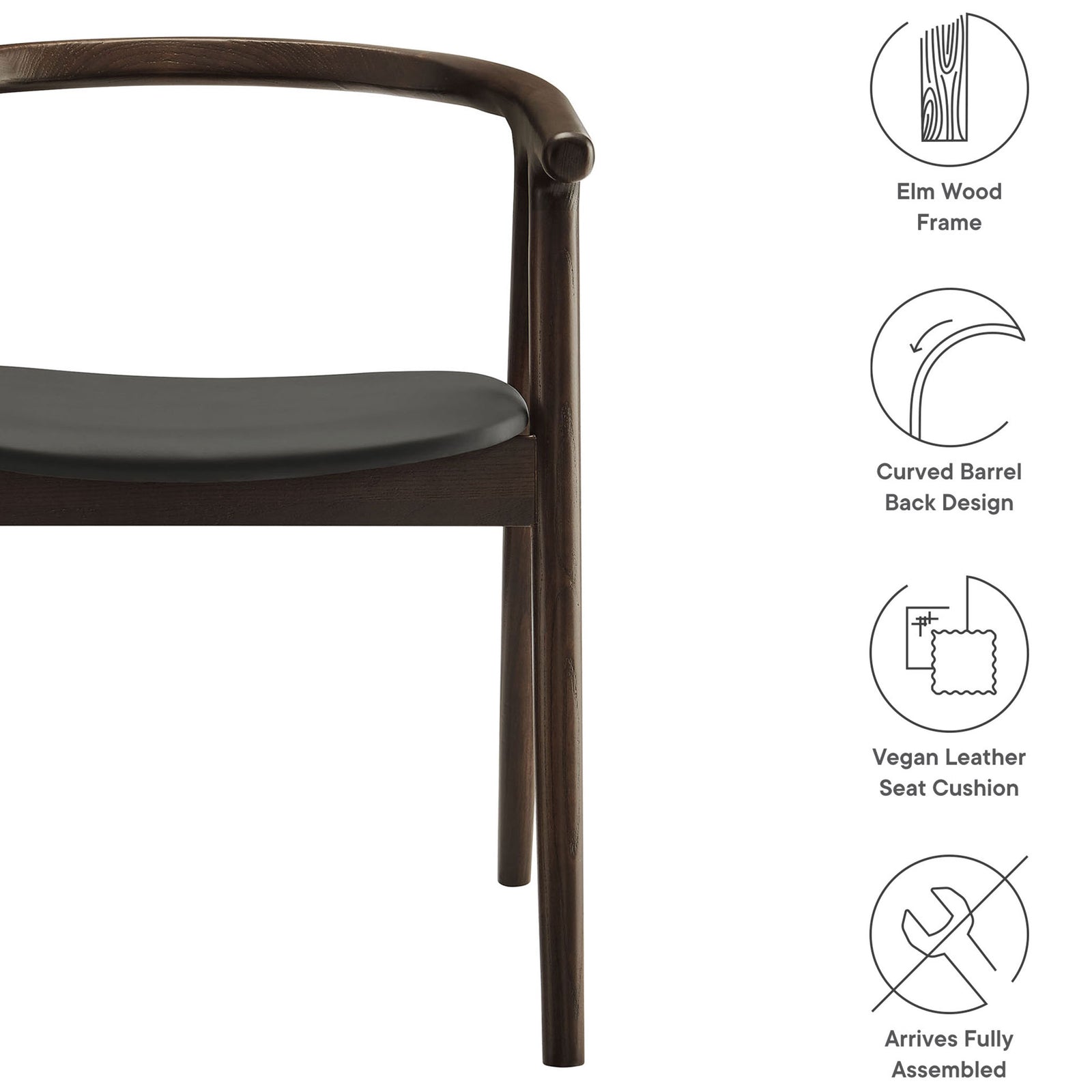 Henry dining chair with black vegan leather seat and icons highlighting elm wood frame and fully assembled design || EEI-7291-BLK || callout_studio