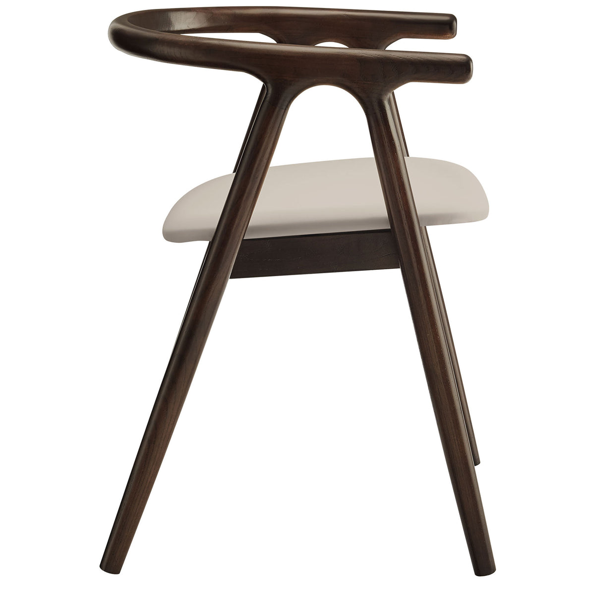 Slim profile of the Henry vegan leather dining chair shows open barrel back and airy sculptural frame || EEI-7291-STO || side_studio