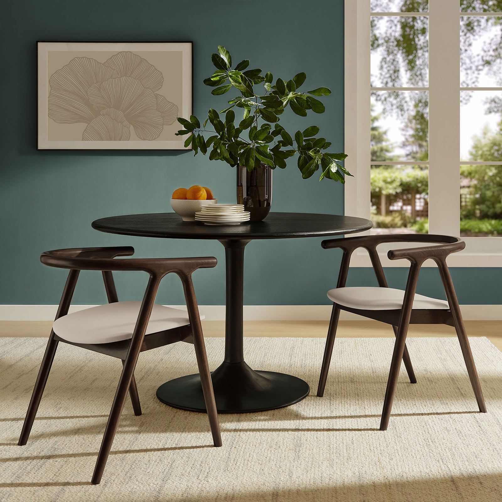 Henry dining chairs with stone vegan leather seats surround a round pedestal table in sunlit dining room || EEI-7291-STO || front_angle_room