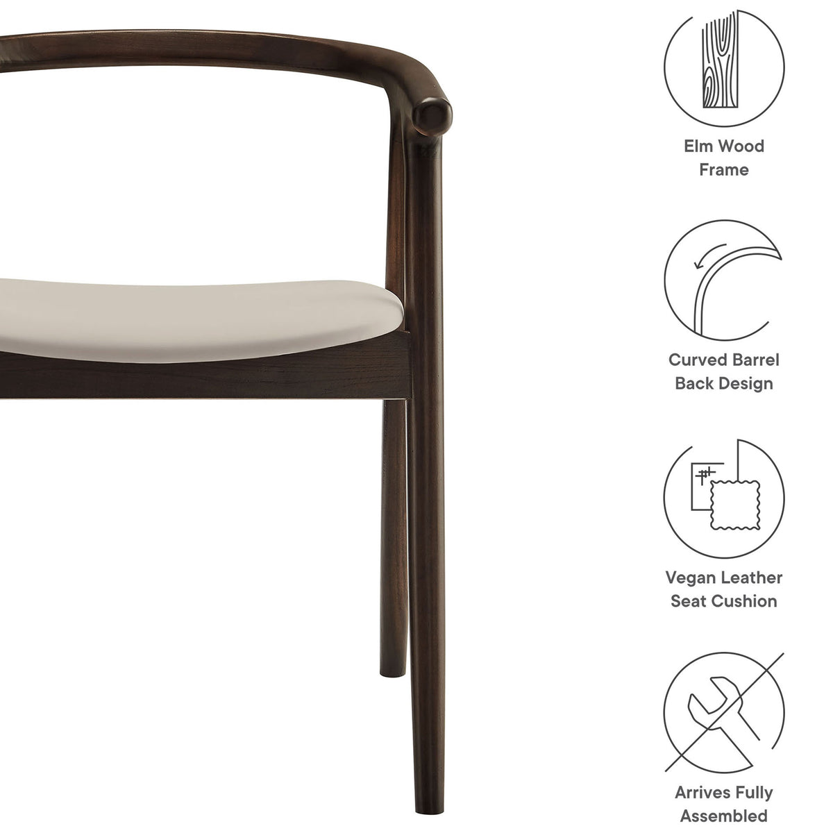 Henry dining chair features elm wood frame, curved barrel back, vegan leather seat, and arrives fully assembled || EEI-7291-STO || callout_studio