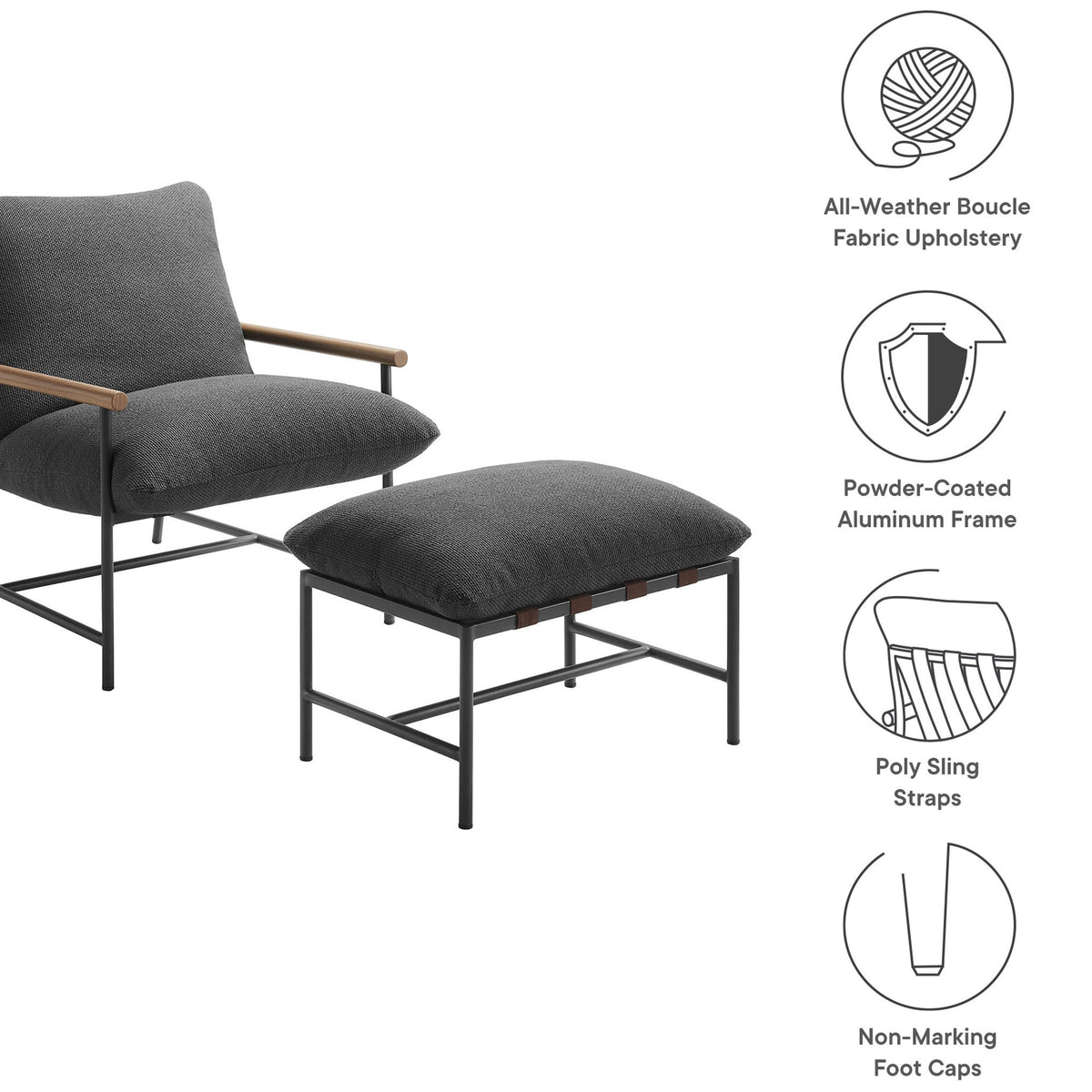 Feature callouts for boucle fabric, aluminum frame, sling straps, and non-marking foot caps on the charcoal lounge set || EEI-7292-CHA || callout_studio