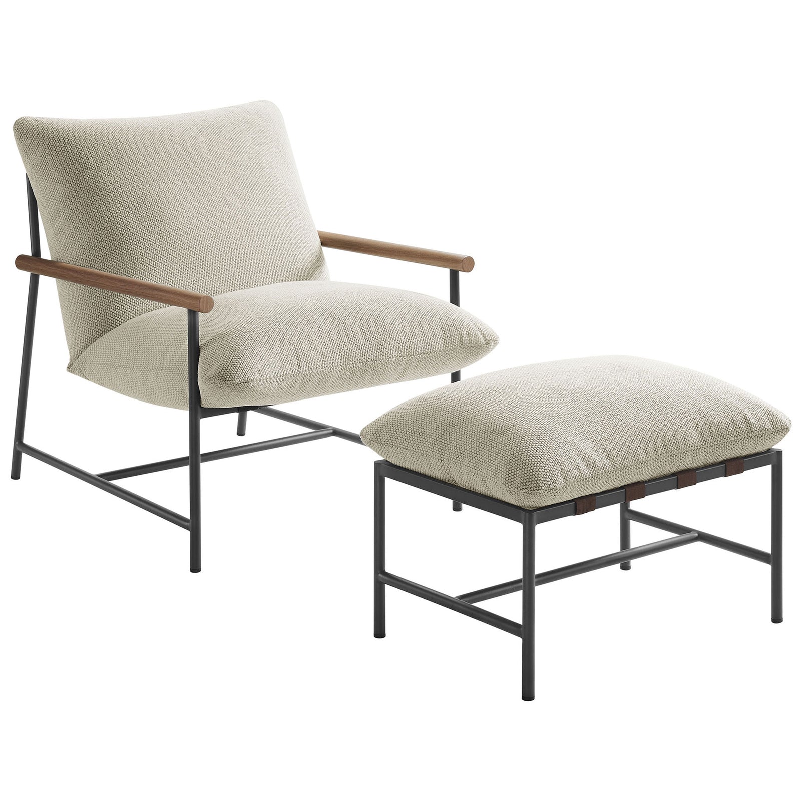 Ivory boucle patio lounge chair and ottoman featuring a sleek black frame and warm wood-look arms || EEI-7292-IVO || front_angle_studio