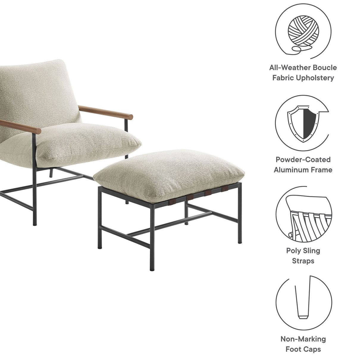 Feature callouts for boucle fabric, aluminum frame, sling straps, and non-marking foot caps on the ivory lounge set || EEI-7292-IVO || callout_studio
