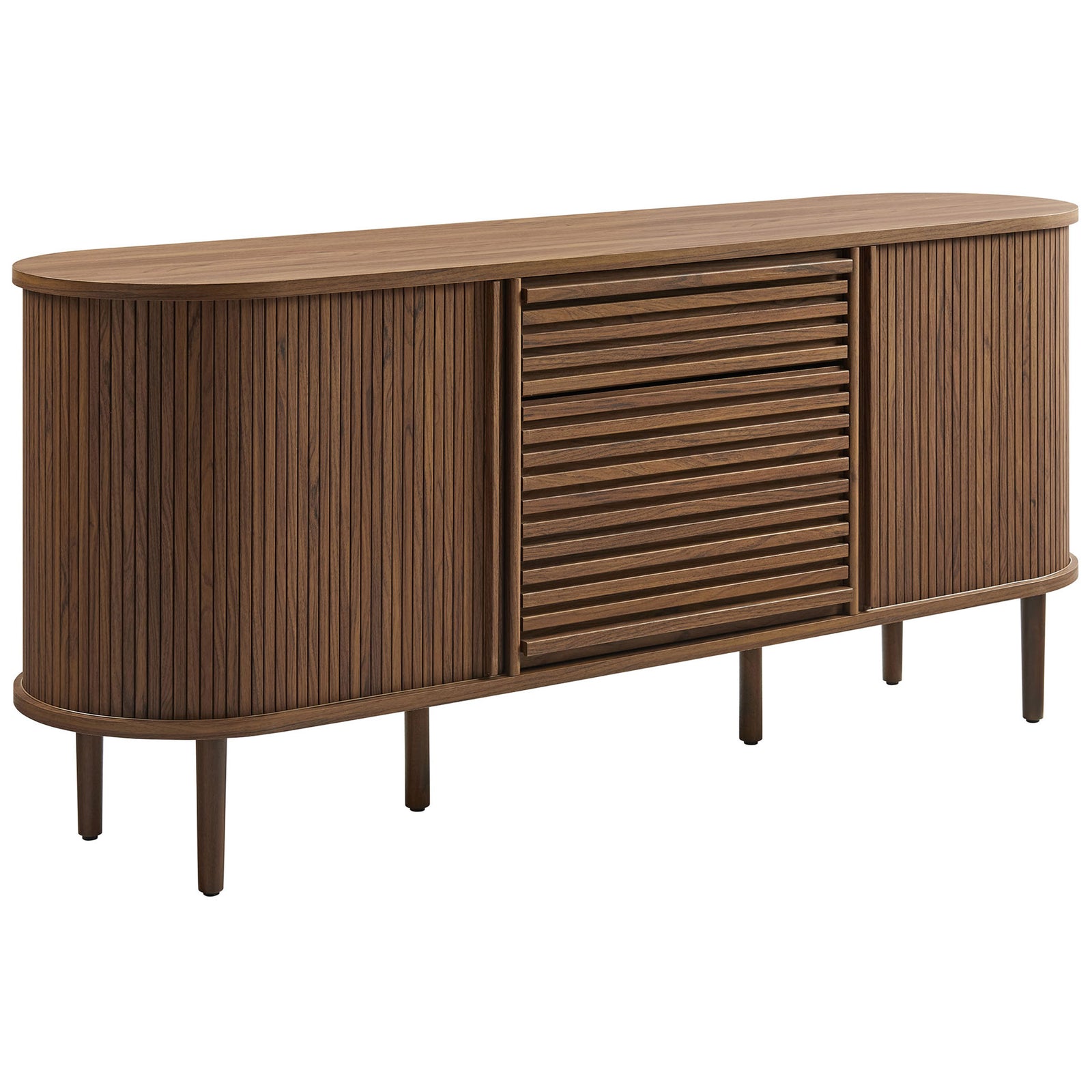 Walnut fluted oval sideboard with tambour doors and slim round legs for a warm mid-century accent || EEI-7293-WAL || front_angle_studio