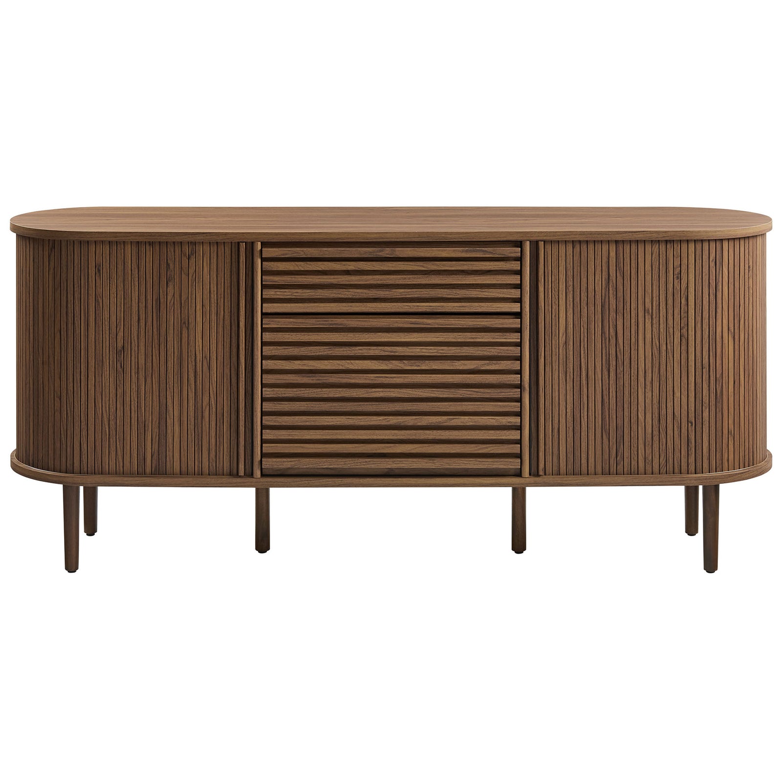 Streamlined walnut sideboard with fluted tambour doors and hidden storage for media and dining essentials || EEI-7293-WAL || front_studio