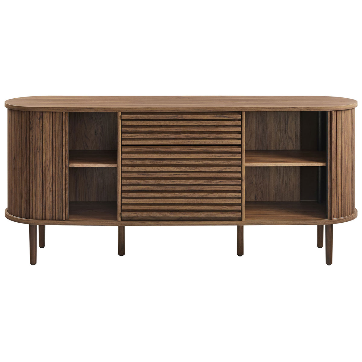 Sideboard reveals adjustable shelves and center drawer behind fluted tambour doors for versatile concealed storage || EEI-7293-WAL || front_open_studio