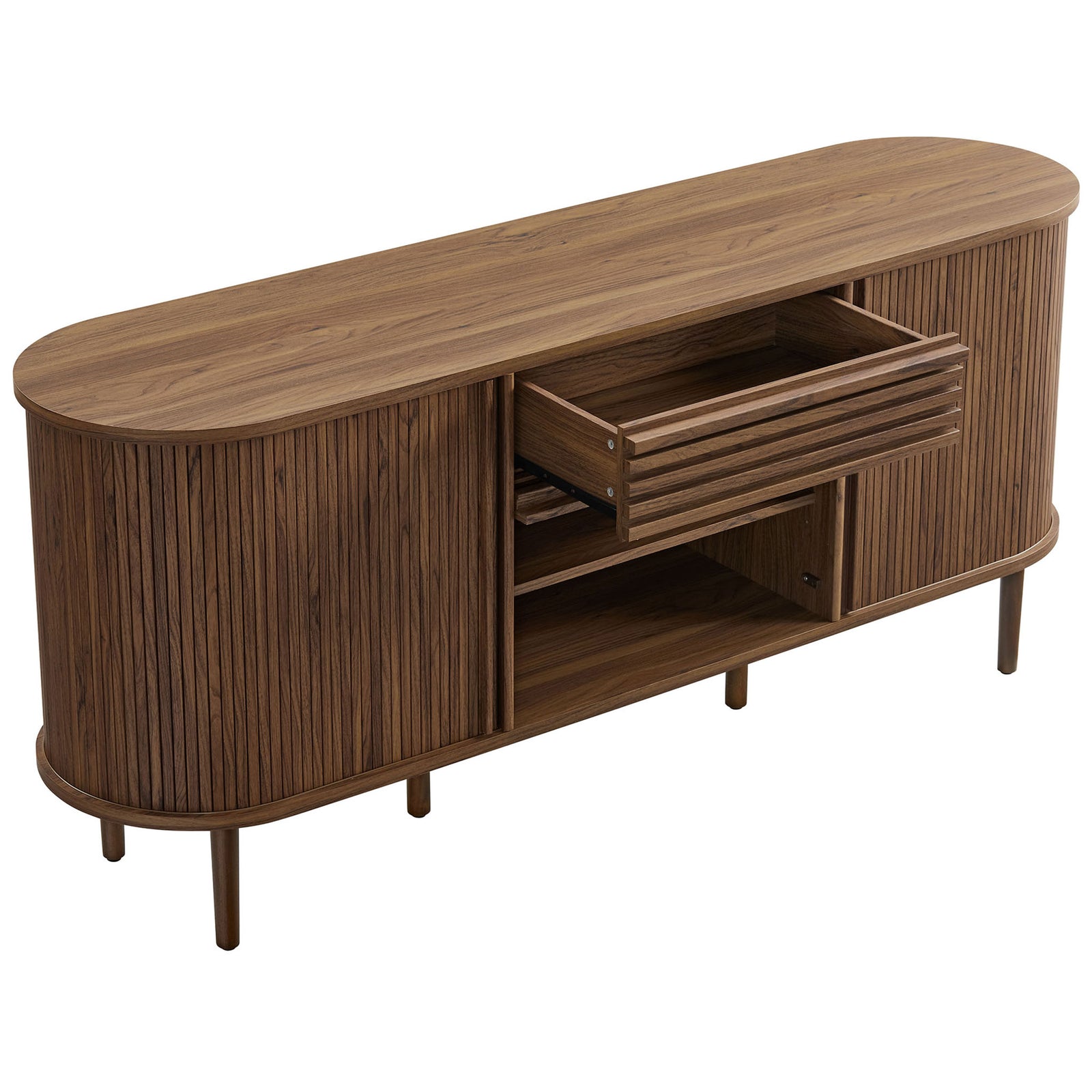 Smooth walnut surface, open shelving, and full-extension center drawer provide quick access storage || EEI-7293-WAL || front_angle_open_studio