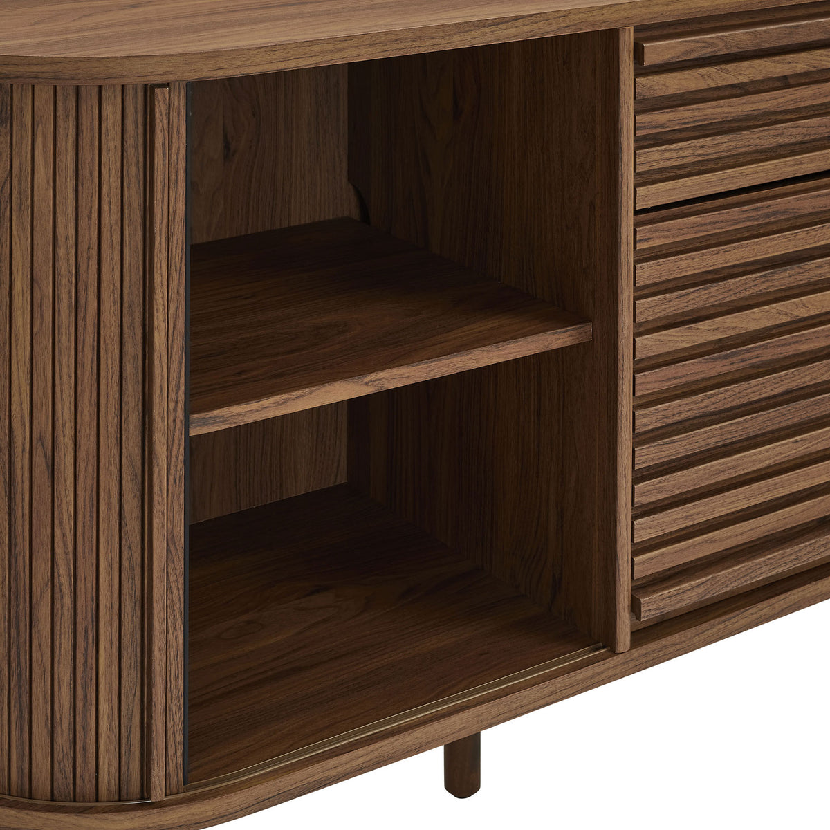 Interior shelf highlights rich walnut wood grain and generous cabinet storage capacity || EEI-7293-WAL || storage_open_studio