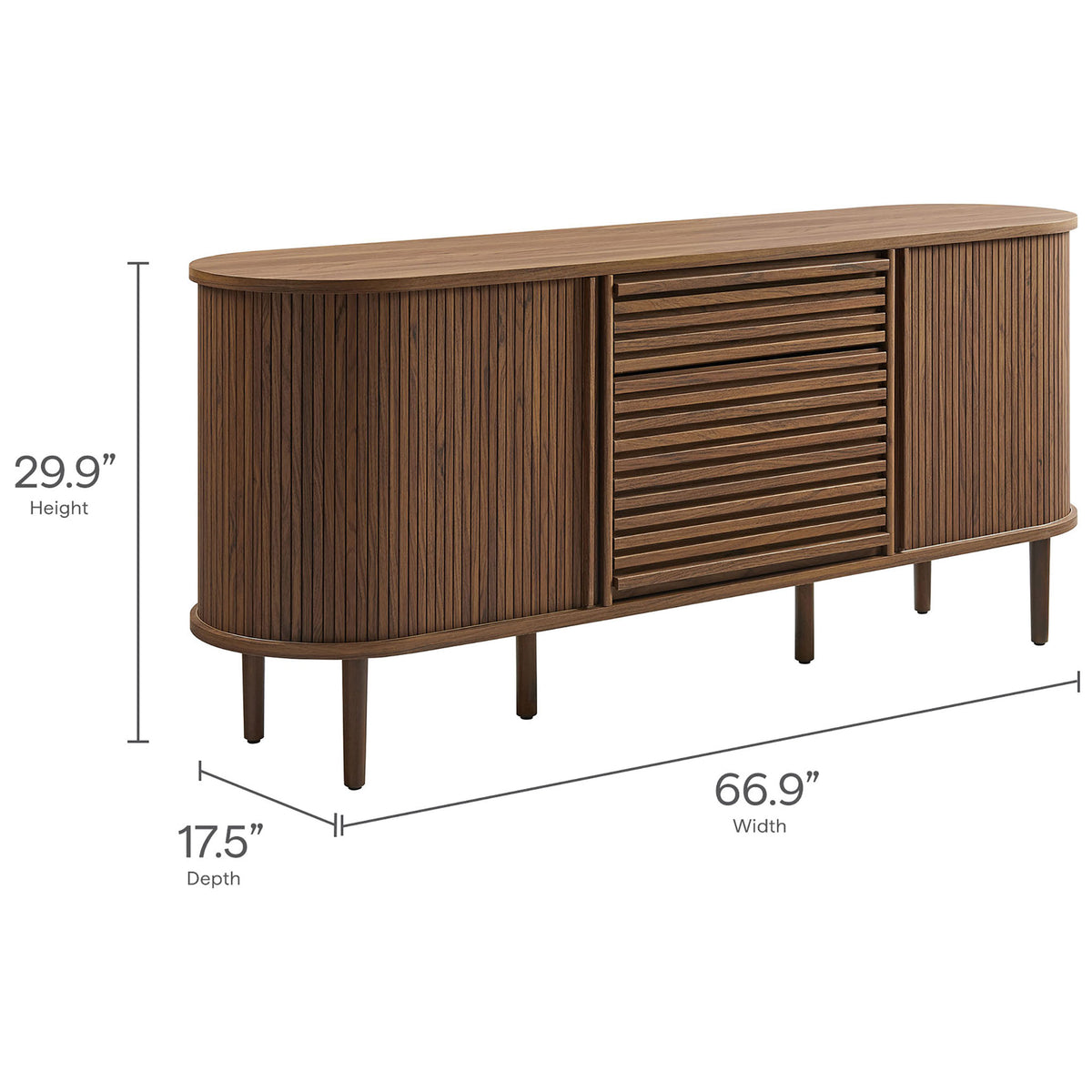 Size details of the walnut fluted sideboard show overall height, width, and depth measurements || EEI-7293-WAL || dimension_studio