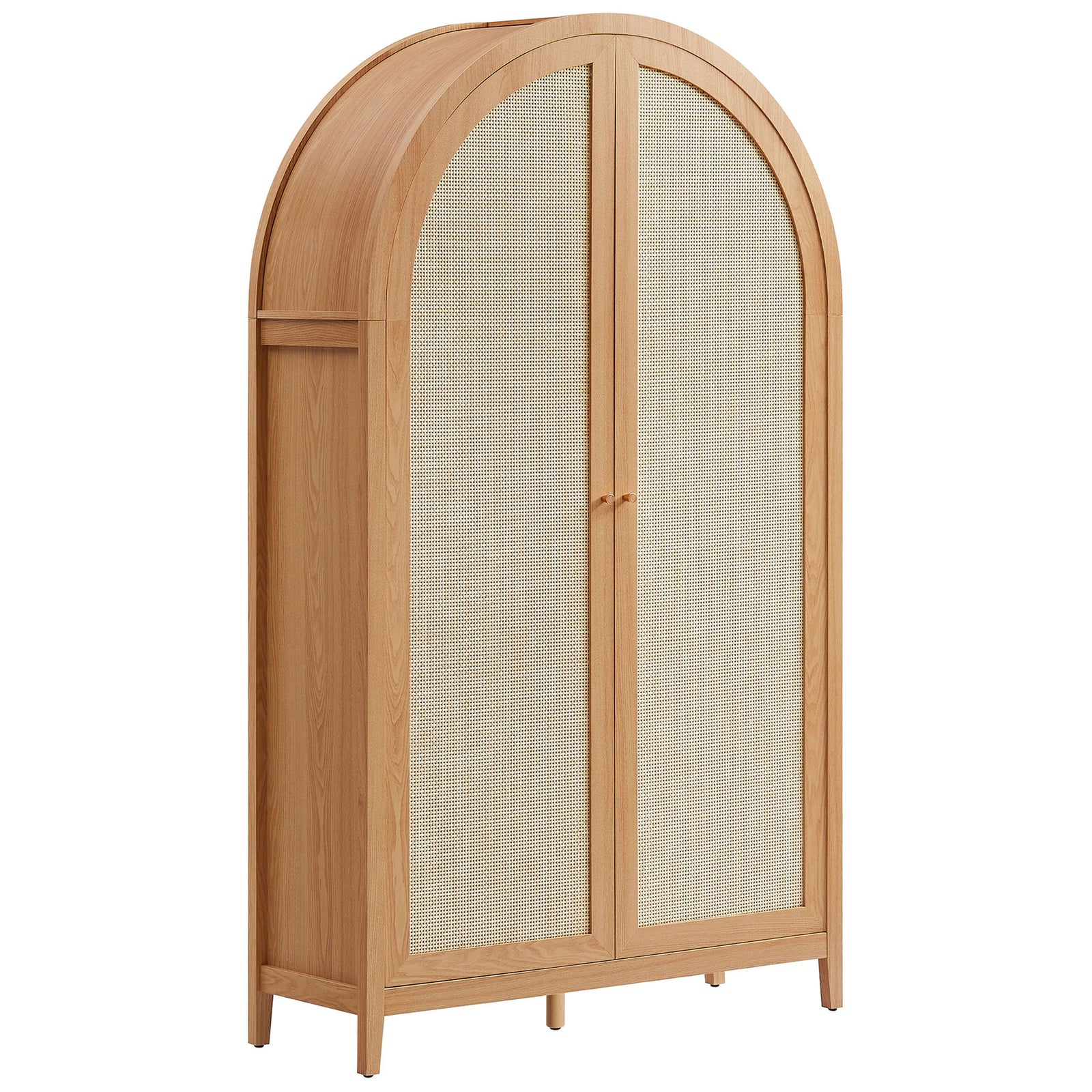 Tall natural wood cabinet with arched top and woven rattan doors for airy concealed storage || EEI-7294-NAT || front_angle_studio