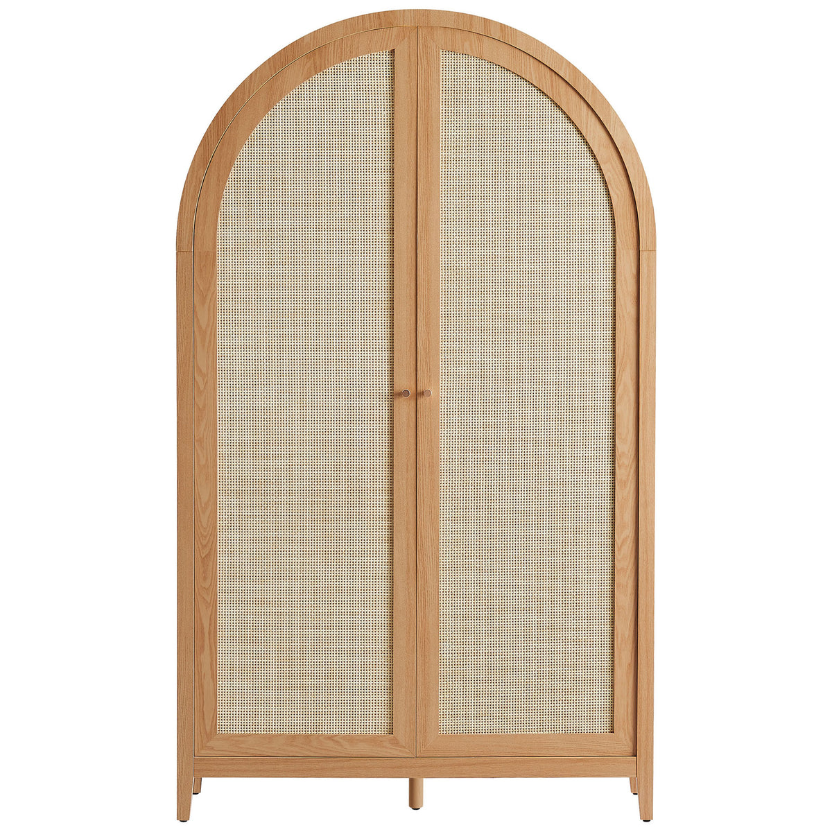 Natural arched storage cabinet with full-height woven doors and warm wood frame || EEI-7294-NAT || front_studio