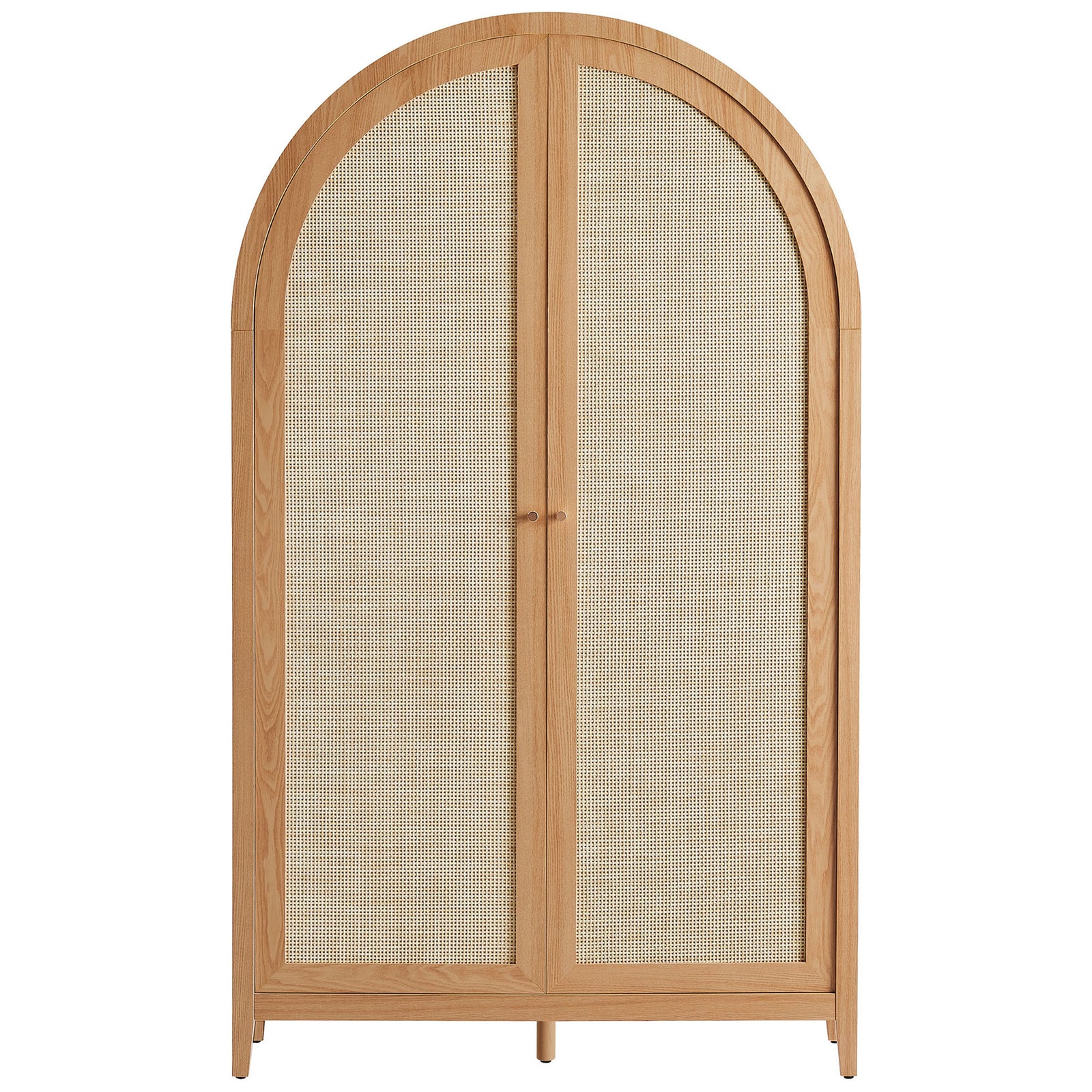 Natural arched storage cabinet with full-height woven doors and warm wood frame || EEI-7294-NAT || front_studio