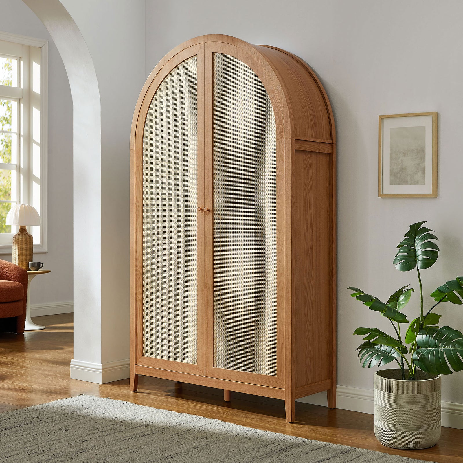 Natural arched storage cabinet adding warm organic texture to a bright modern living space || EEI-7294-NAT || front_angle_room