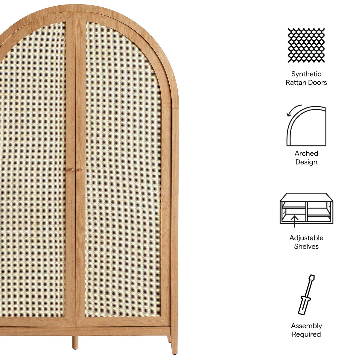 Feature overview of the natural arched cabinet with icons for rattan doors and adjustable shelves || EEI-7294-NAT || callout_studio