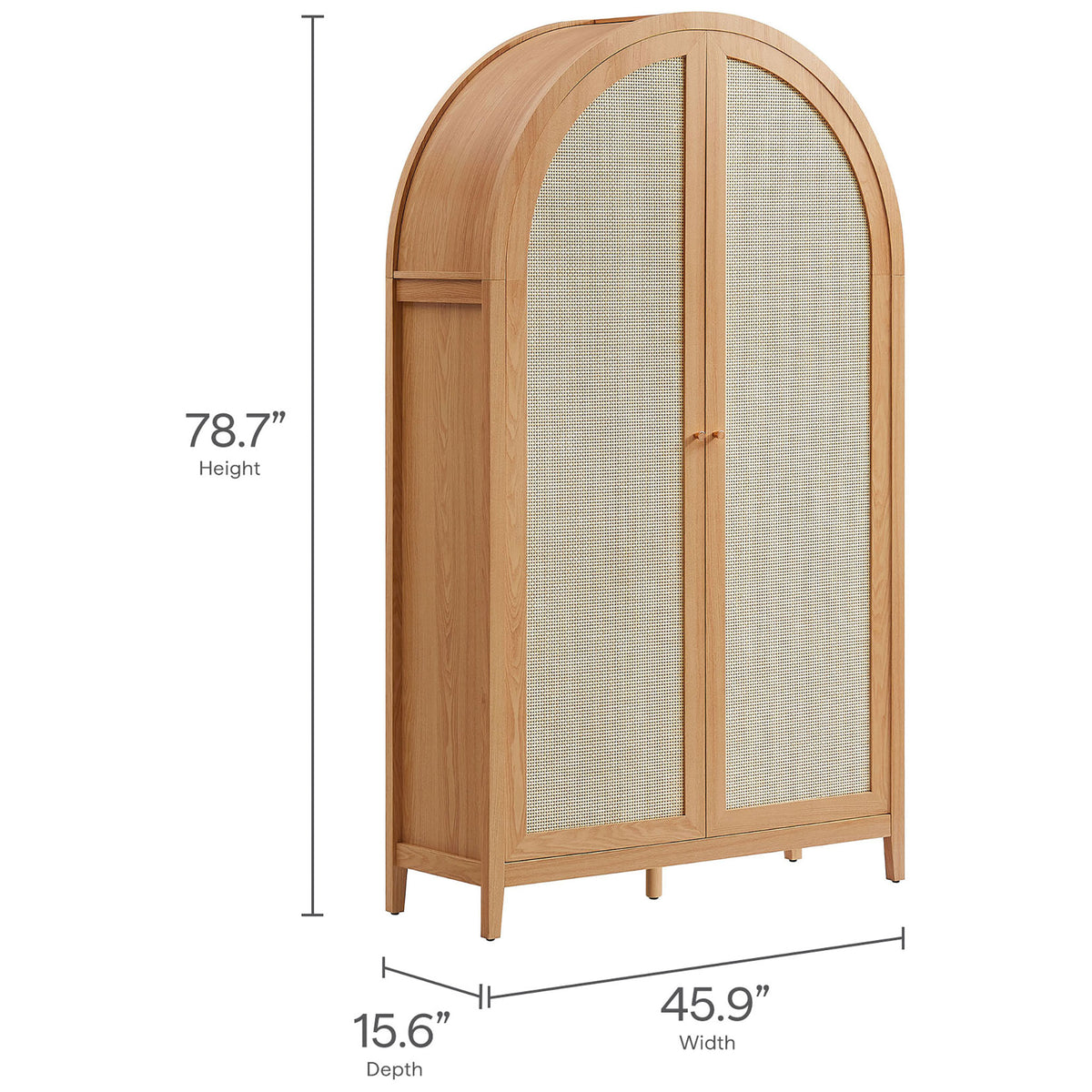 Dimensions of the natural arched cabinet with labeled height, width, and depth measurements || EEI-7294-NAT || dimension_studio