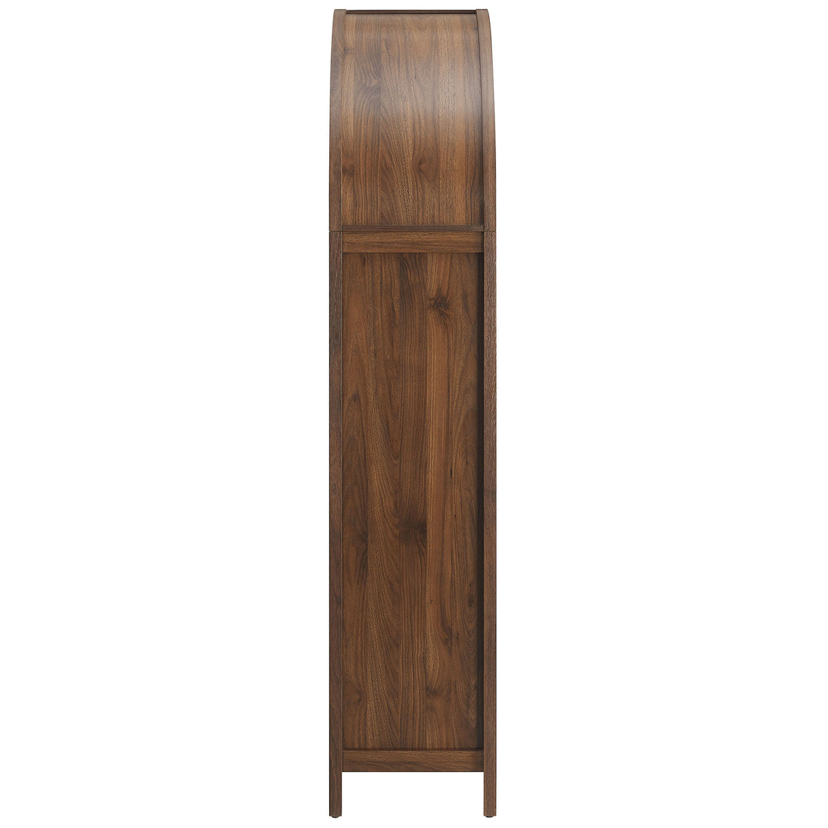 Walnut arched cabinet highlighting curved top, rich grain panels, and tapered legs || EEI-7294-WAL || side_studio
