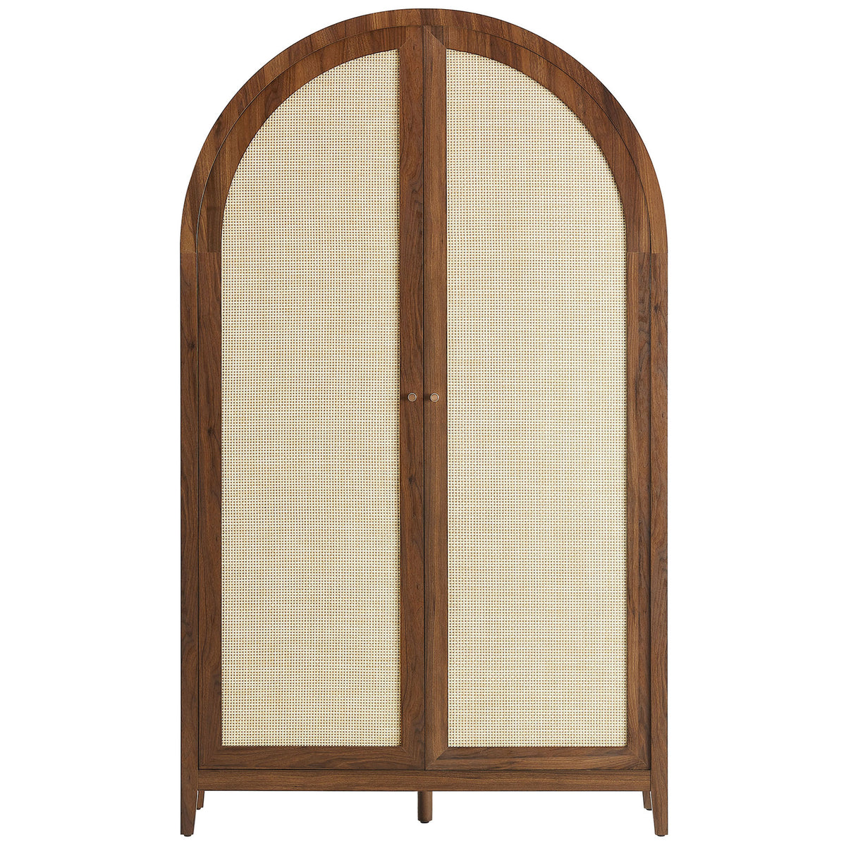 Walnut arched cabinet with full woven rattan doors and clean framing for a tailored look || EEI-7294-WAL || front_studio