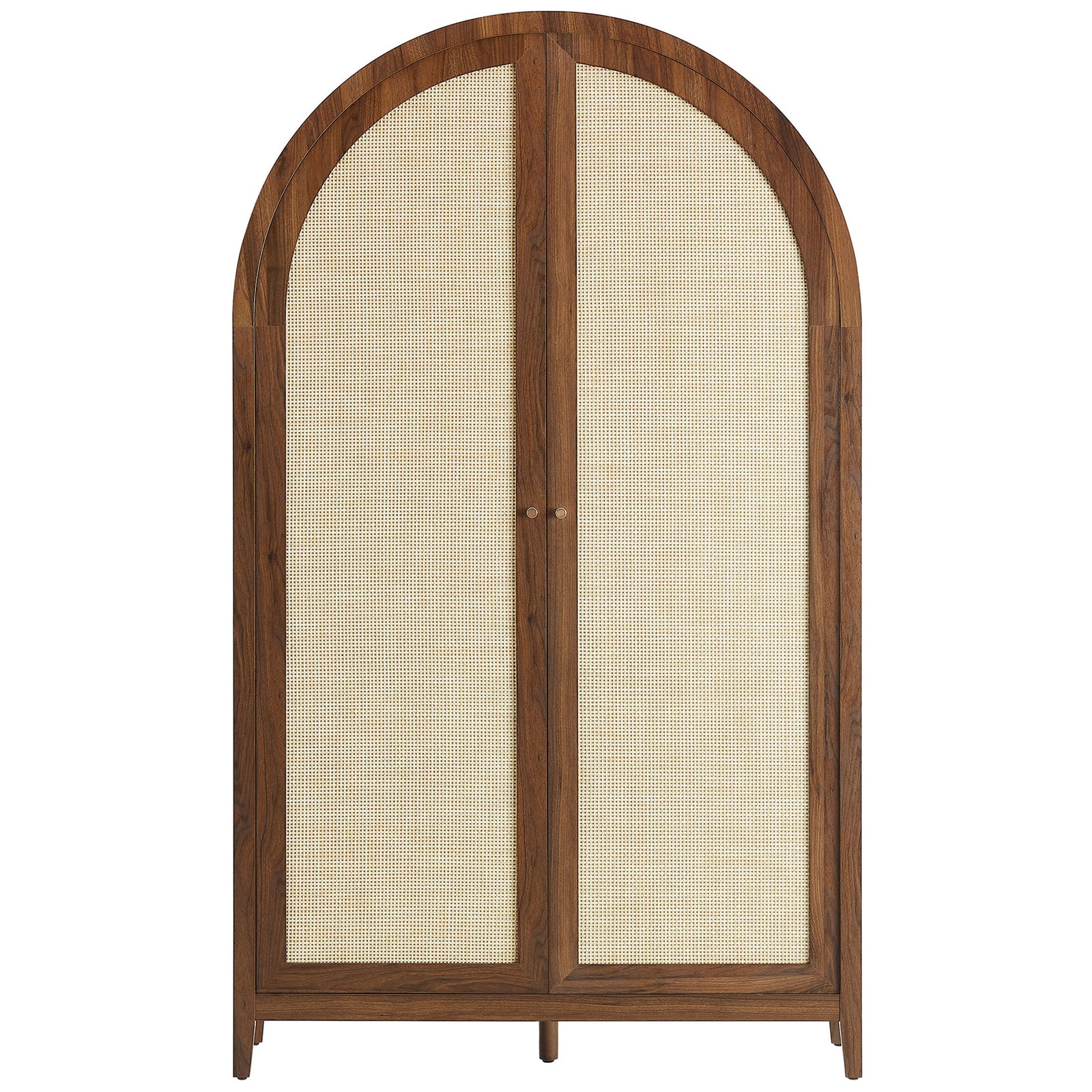 Walnut arched cabinet with full woven rattan doors and clean framing for a tailored look || EEI-7294-WAL || front_studio