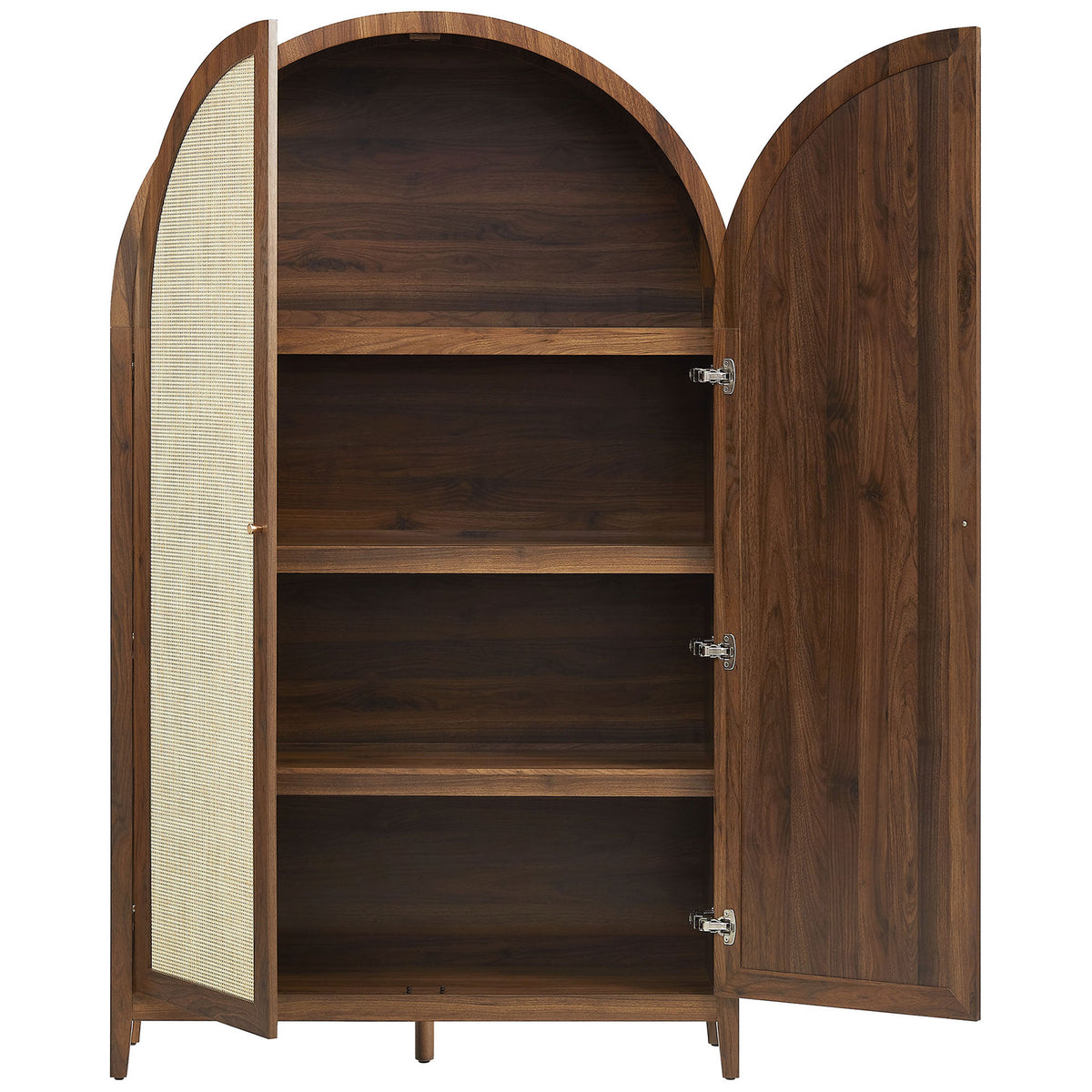 Walnut cabinet with doors open revealing three roomy shelves for neatly organized essentials || EEI-7294-WAL || front_open_studio