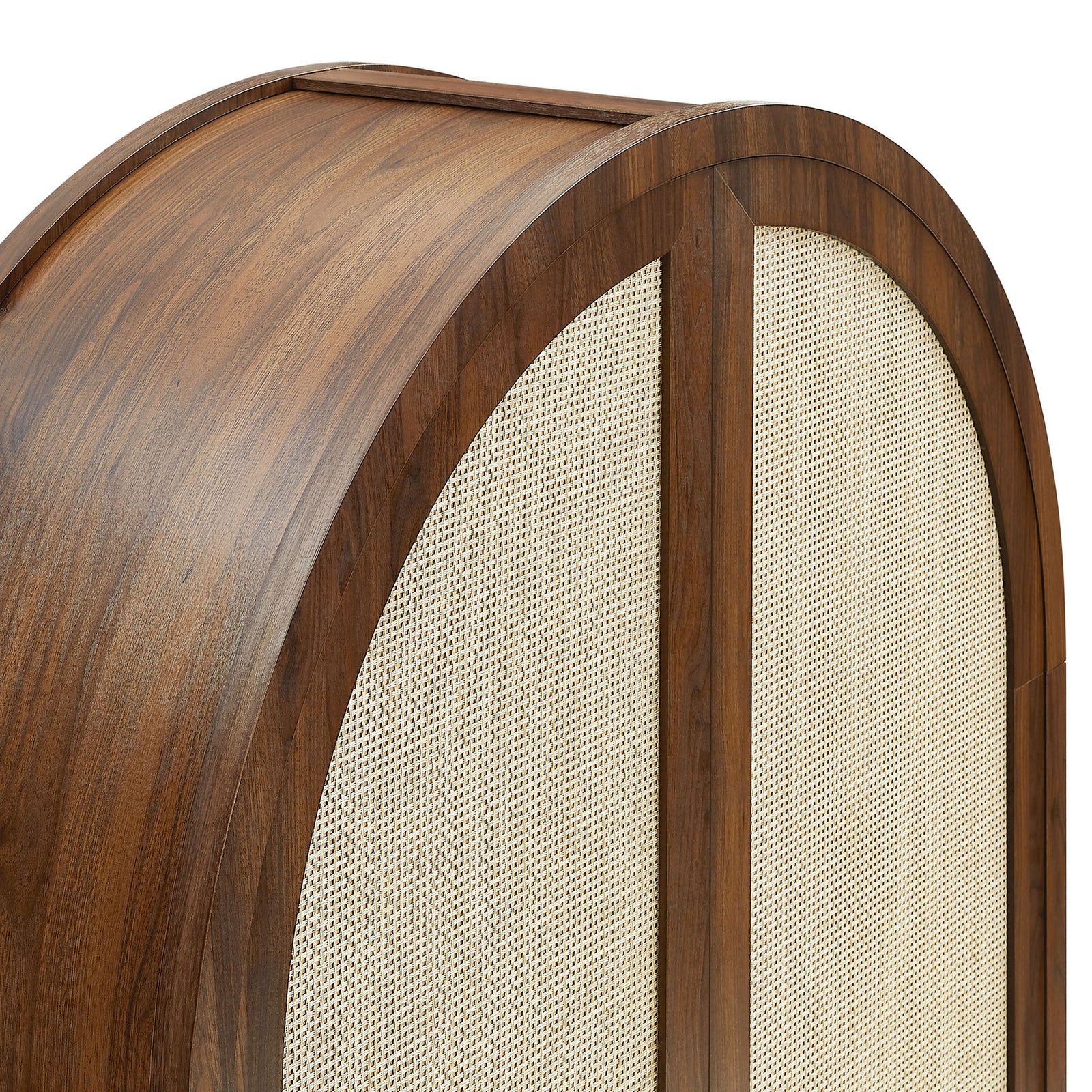 Detail of the walnut arch and light rattan weave emphasizing craftsmanship and contrast || EEI-7294-WAL || detail_studio