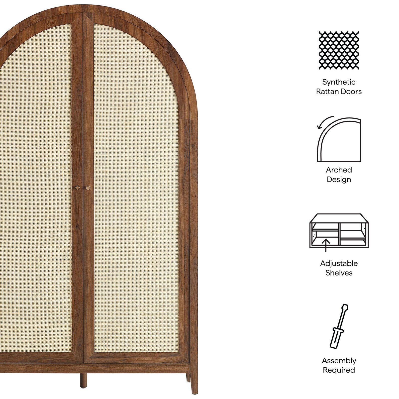 Feature callouts for the walnut arched cabinet highlighting rattan doors and adjustable shelves || EEI-7294-WAL || callout_studio