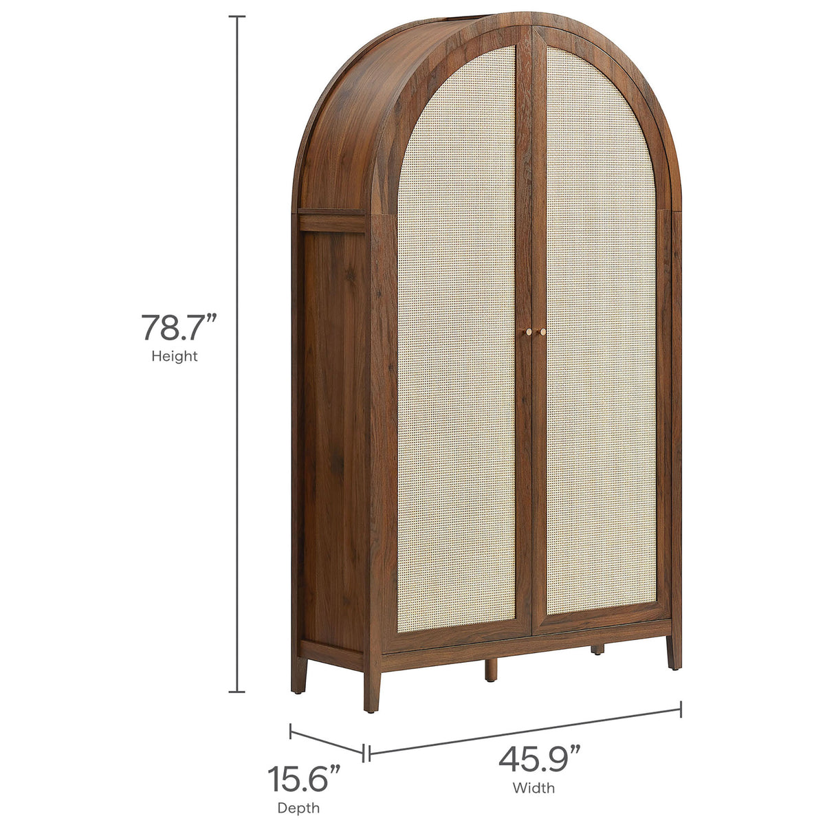 Dimensions of the walnut arched cabinet with clearly marked height, width, and depth || EEI-7294-WAL || dimension_studio