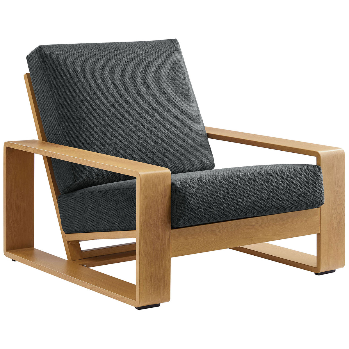 Modern outdoor armchair with open rectangular arms and charcoal cushions for sculptural comfort || EEI-7296-CHA-NAT || front_angle_studio