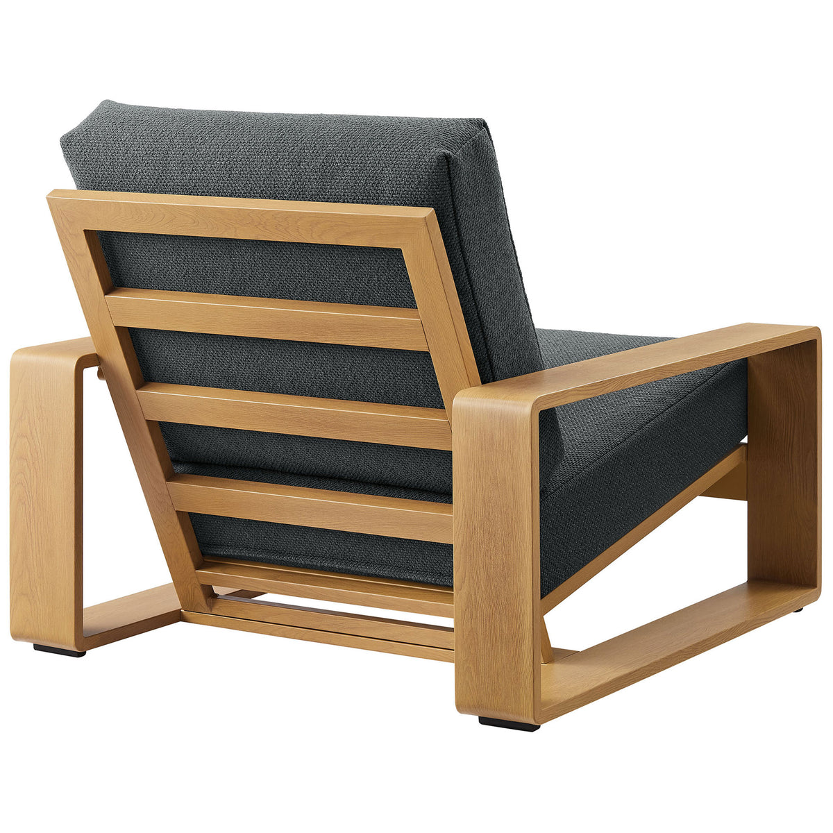 Outdoor armchair with slatted faux wood back and generous charcoal cushions for modern relaxation || EEI-7296-CHA-NAT || back_angle_studio