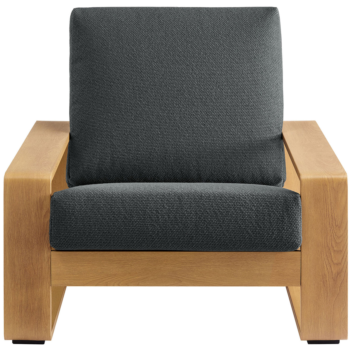 Charcoal cushioned outdoor armchair with warm faux wood frame and deep lounge seat || EEI-7296-CHA-NAT || front_studio