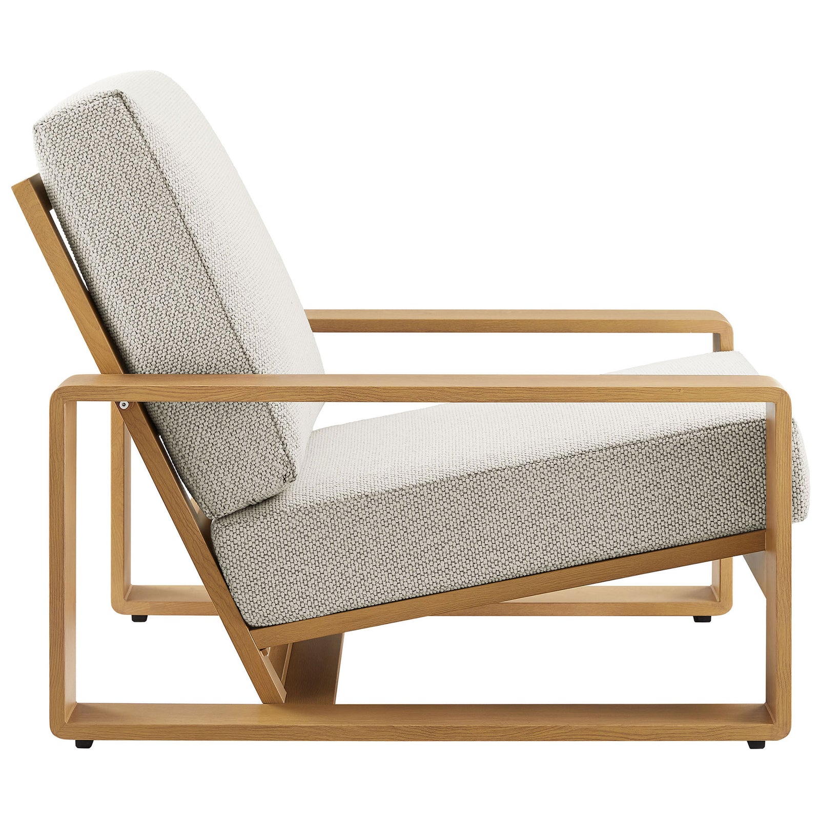Low-profile outdoor lounge chair with angled seat and plush ivory cushions on a natural faux wood base || EEI-7296-IVO-NAT || side_studio