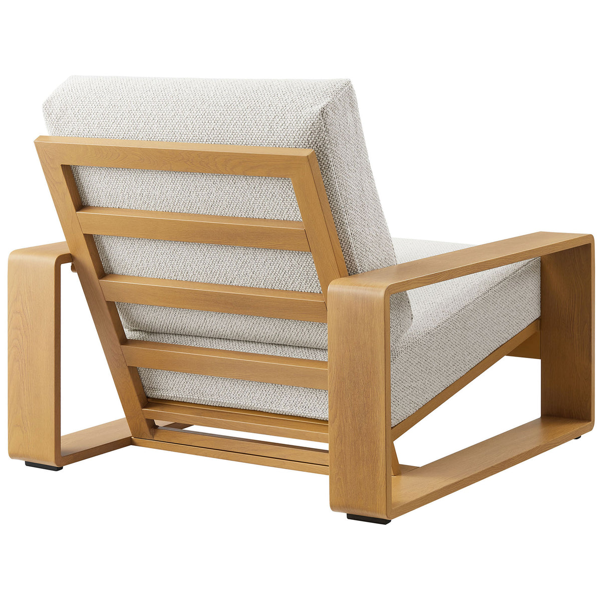 Outdoor armchair with slatted faux wood back and generous ivory cushions for modern relaxation || EEI-7296-IVO-NAT || back_angle_studio