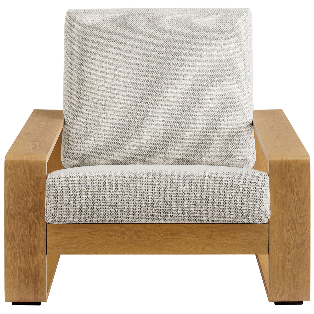Ivory cushioned outdoor armchair with warm faux wood frame and deep lounge seat || EEI-7296-IVO-NAT || front_studio