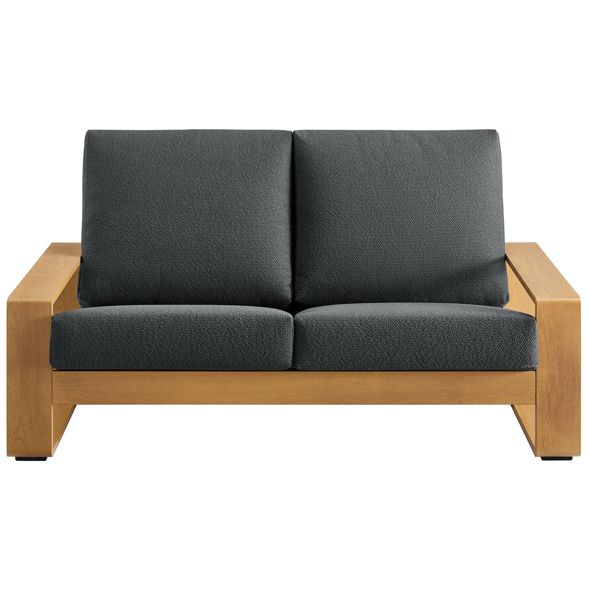 Charcoal cushions and warm faux wood aluminum frame create a striking modern outdoor loveseat || EEI-7297-CHA-NAT || front_studio
