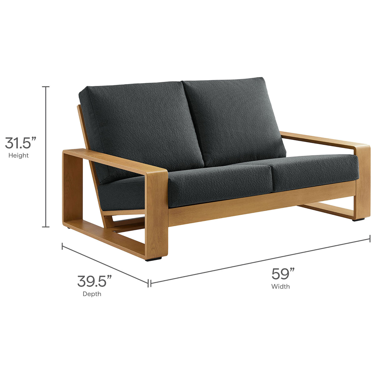 Dimension image outlines the loveseat's height, depth, and width for confident outdoor planning || EEI-7297-CHA-NAT || dimension_studio