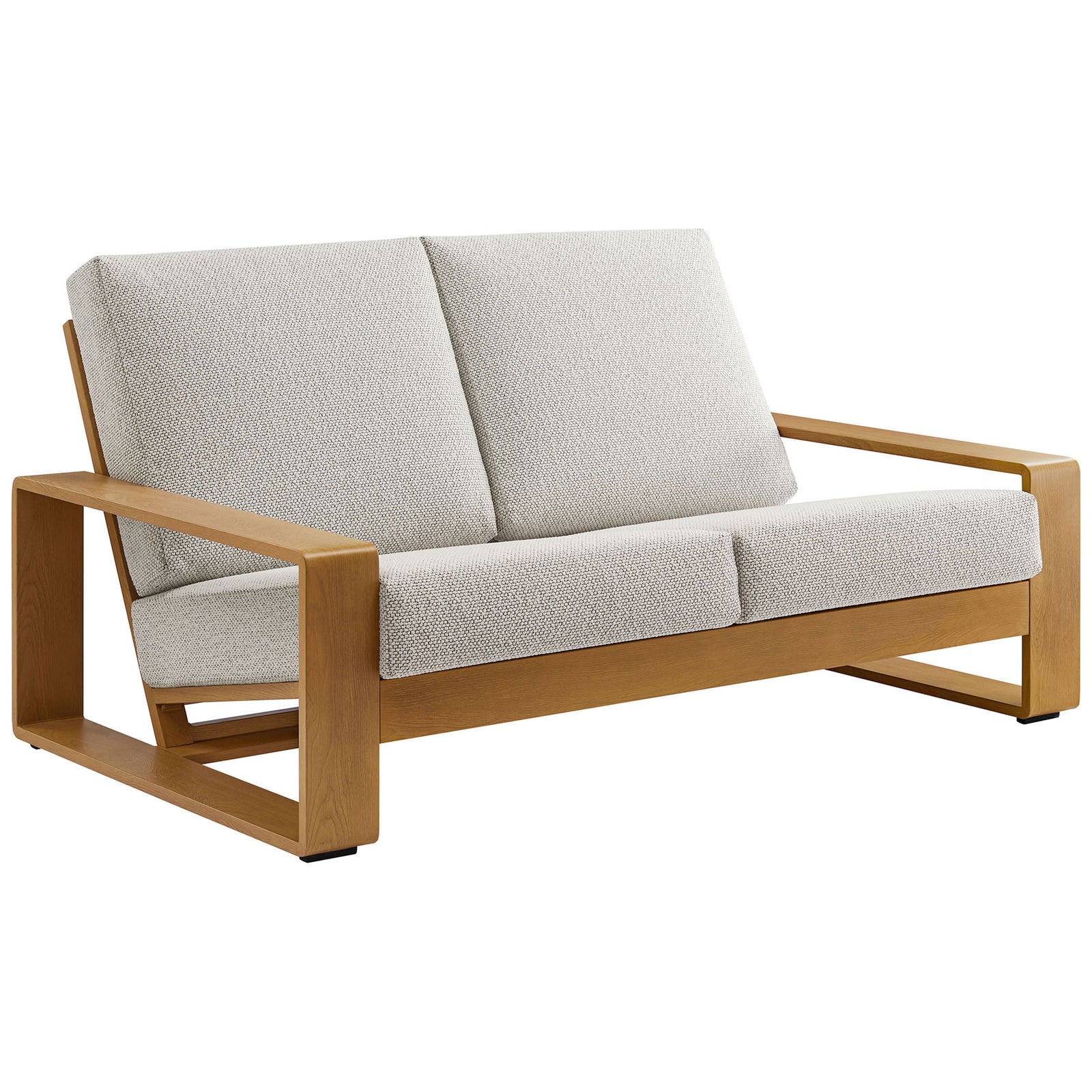Lirienne loveseat features soft ivory upholstery contrasted by a warm wood-grain aluminum frame || EEI-7297-IVO-NAT || front_angle_studio