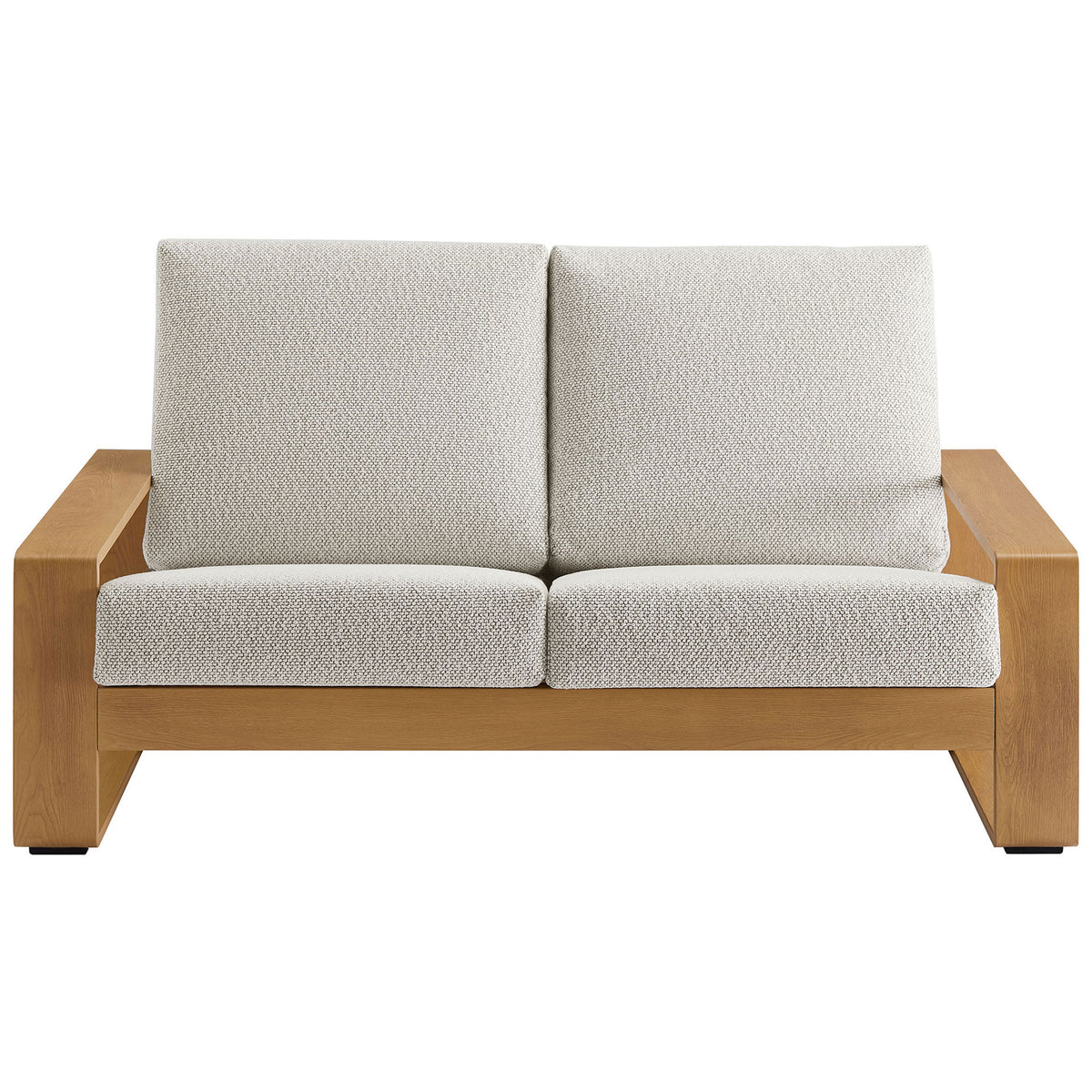 Ivory cushions and natural faux wood frame form a bright, inviting outdoor loveseat for lounging || EEI-7297-IVO-NAT || front_studio