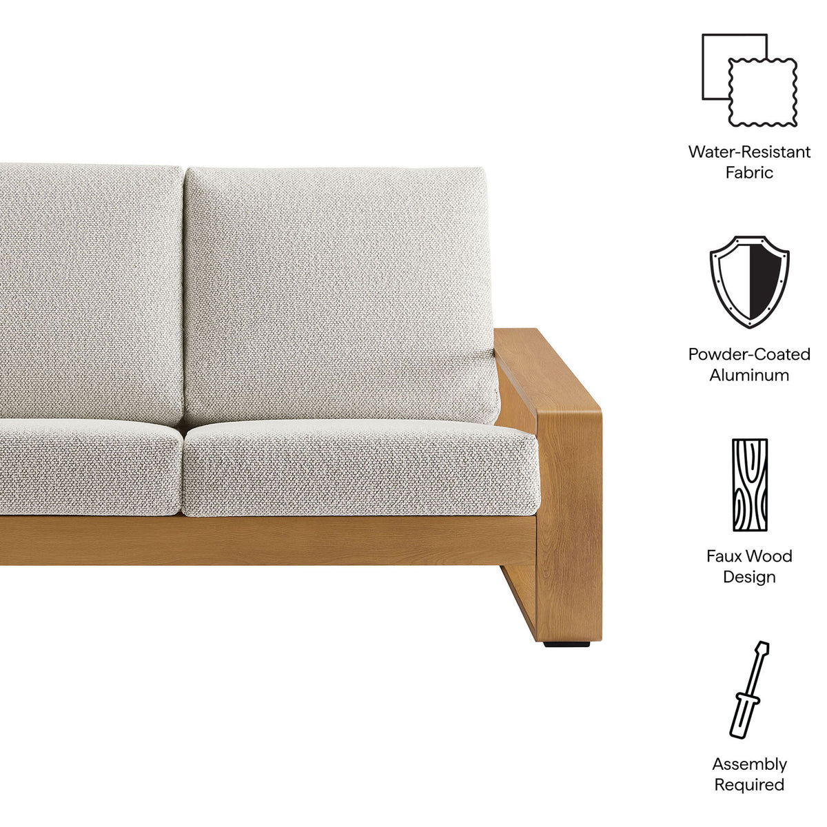 Feature icons highlight water-resistant fabric, powder-coated aluminum, and faux wood styling || EEI-7297-IVO-NAT || callout_studio