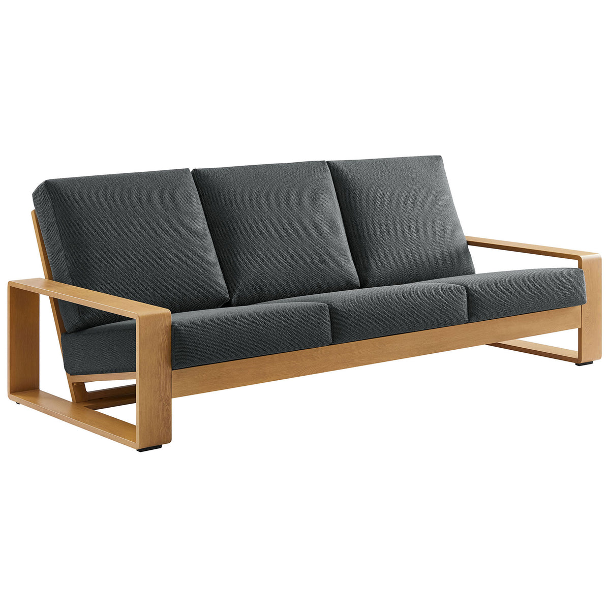 Charcoal three-seat outdoor sofa with deep cushions and wide natural wood-look arms for inviting comfort || EEI-7298-CHA-NAT || front_angle_studio