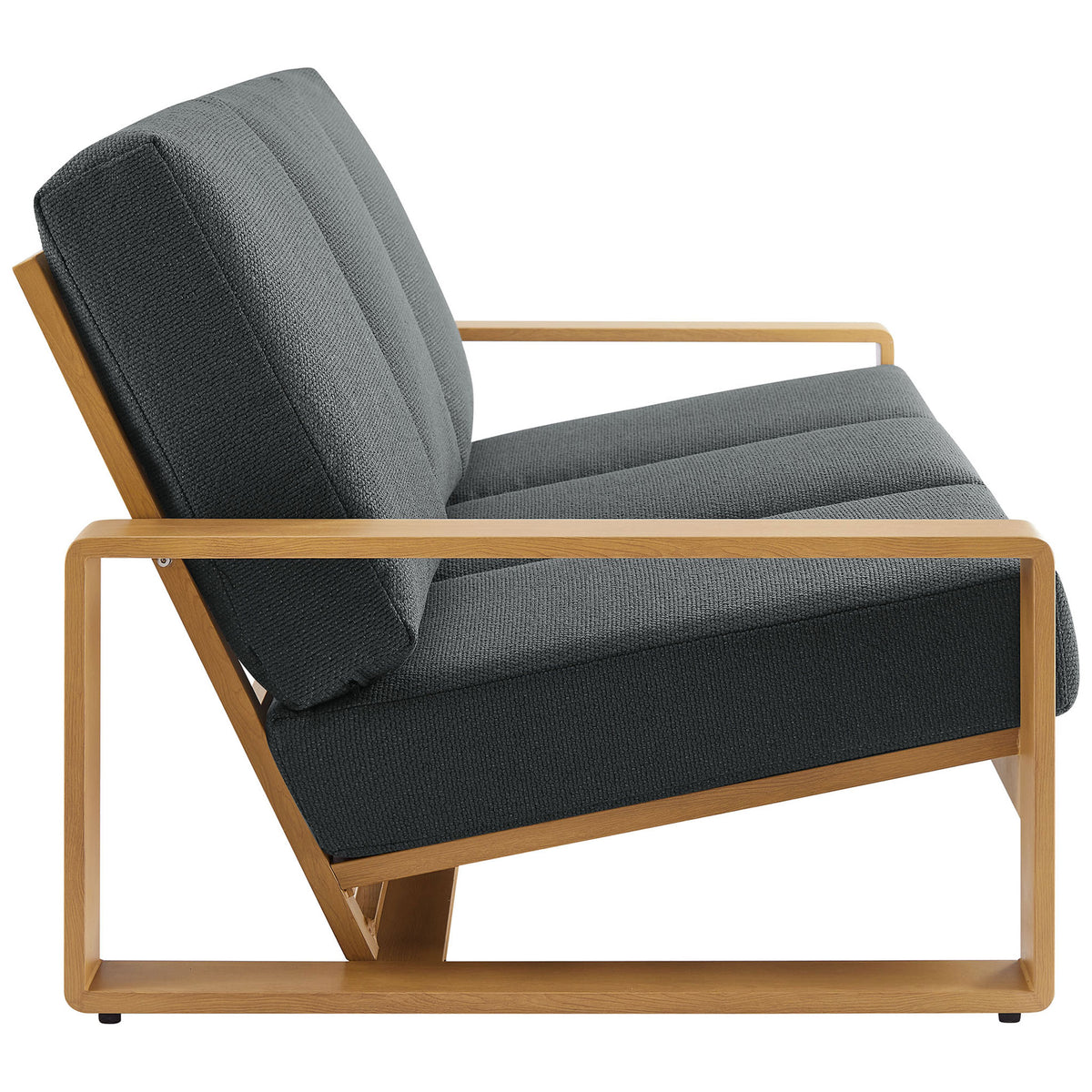 Outdoor sofa with charcoal cushions and angled faux wood frame creating a low, lounge-ready silhouette || EEI-7298-CHA-NAT || side_studio