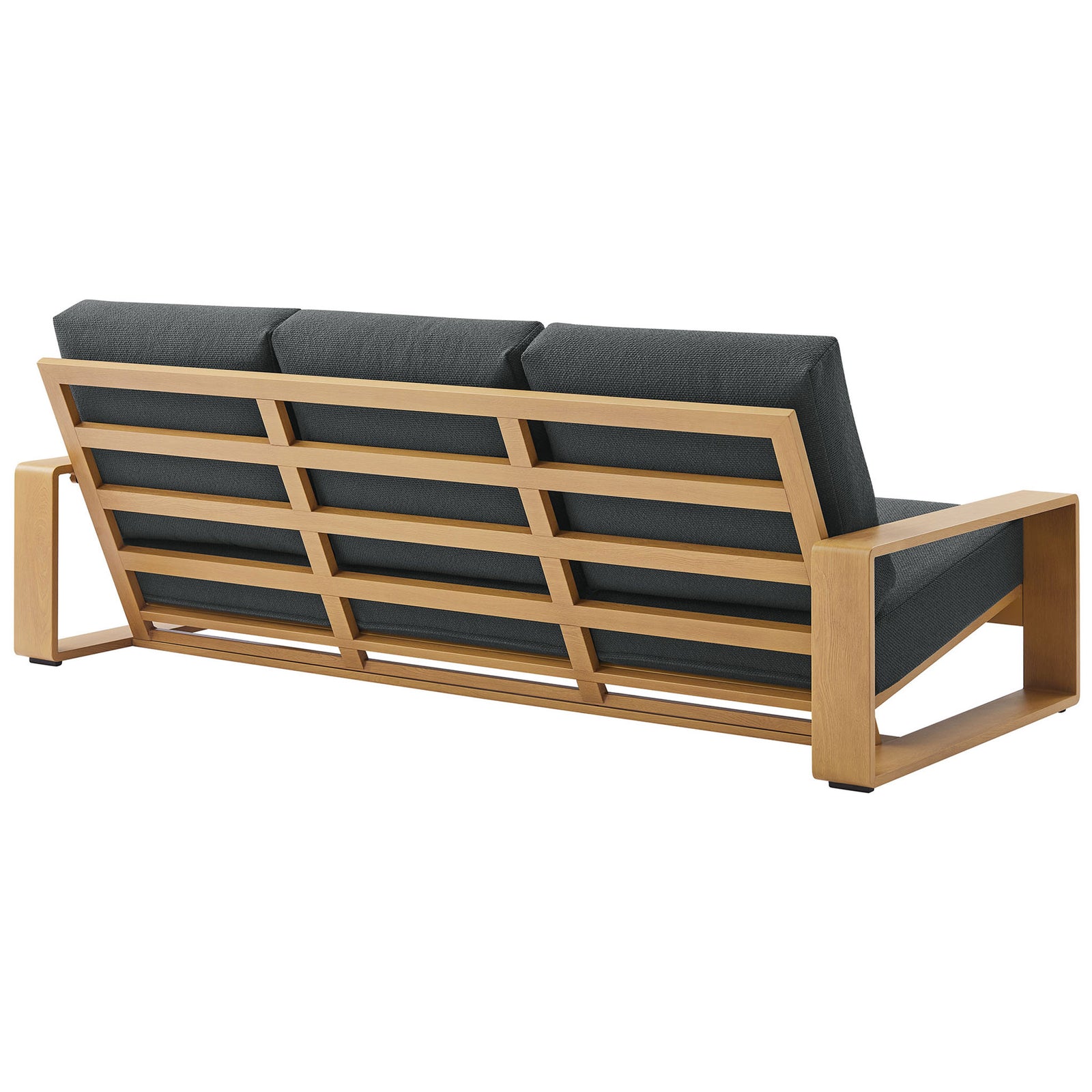 Charcoal outdoor sofa featuring slatted natural-tone backrest and sturdy faux wood base || EEI-7298-CHA-NAT || back_angle_studio