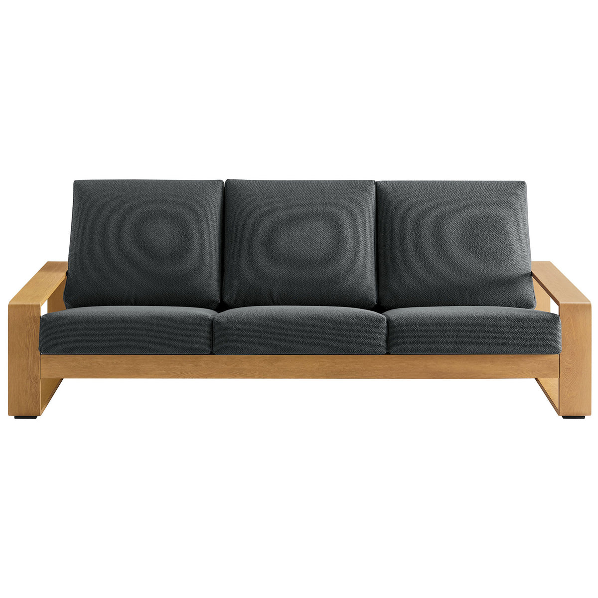 Charcoal cushioned outdoor sofa with warm faux wood aluminum frame for a modern yet natural patio look || EEI-7298-CHA-NAT || front_studio
