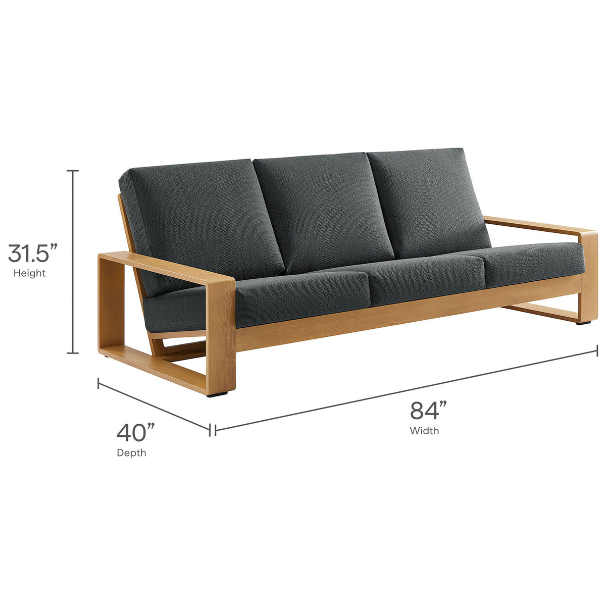 Dimension graphic of charcoal outdoor sofa with faux wood frame and 31.5 x 40 x 84 inch measurements || EEI-7298-CHA-NAT || dimension_studio