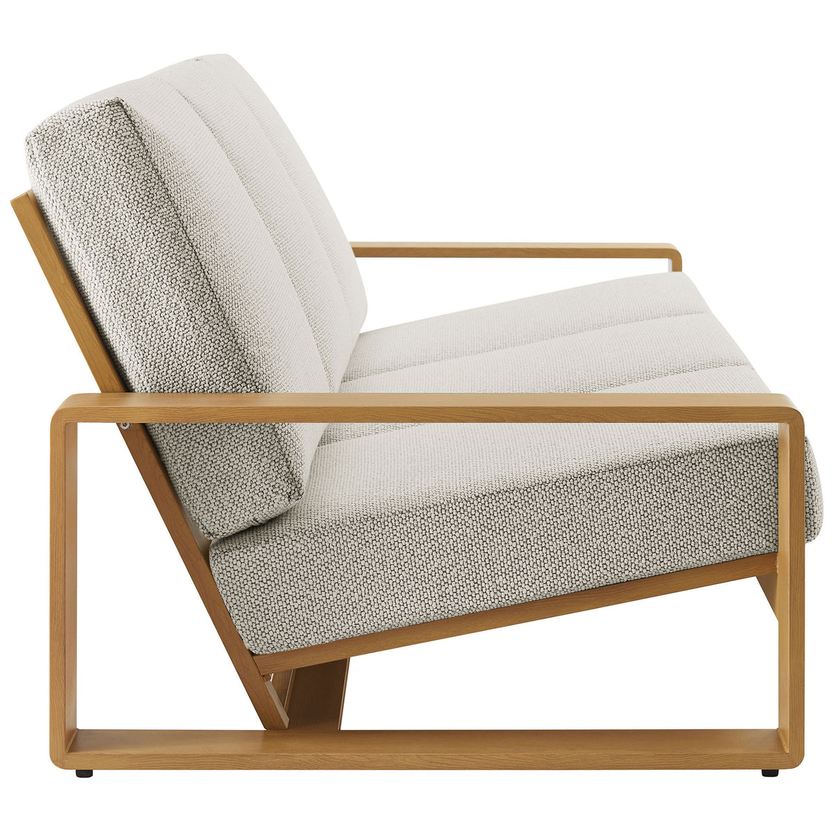 Outdoor sofa with ivory cushions and angled faux wood frame creating a sleek, low-profile silhouette || EEI-7298-IVO-NAT || side_studio